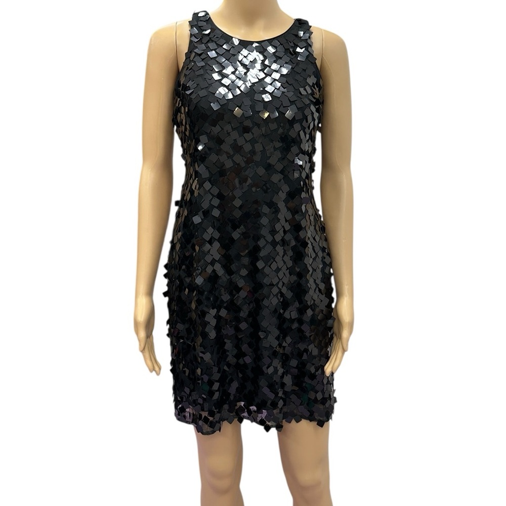 White House Black Market Black Sleeveless Square Sequin Mesh Overlay Dress Sz 00